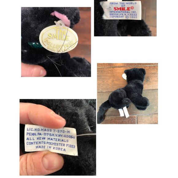 Black Cat Plush Green Eyes Plush Korea Zipper Pocket Vtg 1983 World of Smile - Picture 9 of 10